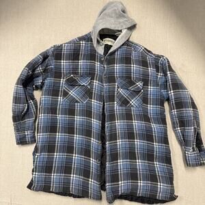 Wilderness Quilted Flannel Shirt Jacket with Hood Blue Plaid Men's Size XL